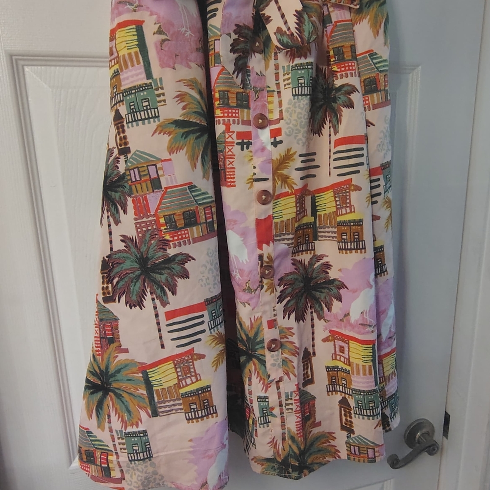Tropical Print Button-Front A-Line Skirt - Pink